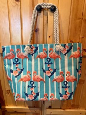 Beach Tote Bag with Pink Flamingo Print
